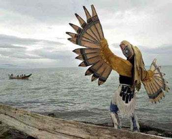 Gene Tagaban (Tlinket-Cherokee) of Native American Olympic Snowboard Team, Ravendancing in Alaska